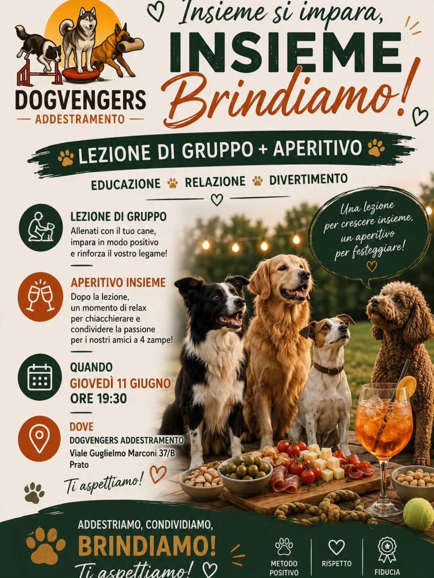 🐾 Insieme si impara… insieme si brinda! 🍹 Hai mai pensato a unire educazione cinofila e convivialità? Noi l’abbiamo fatto. 👉 Una lezione di gruppo per lavorare su: ✔ relazione ✔ gestione ✔ comunicazione con il tuo cane 👉 E subito dopo… aperitivo insieme per rilassarsi, conoscersi e condividere la passione 🐶❤️ 📍 Dove: Dogvengers Addestramento Viale Guglielmo Marconi 37/B – Prato 🗓 Quando: Giovedì 11 Giugno 🕖 Orario: 19:30 ⚠️ Posti limitati per garantire qualità del lavoro 💬 Scrivici in DM o su WhatsApp per prenotare 🔥 Non è solo una lezione. È un’esperienza. Con il tuo cane. Con le persone giuste. #dogvengers #educazionecinofila #cani #dogtraining #prato cinofilia vitadacane relazione doglover aperitivo eventocinofilo